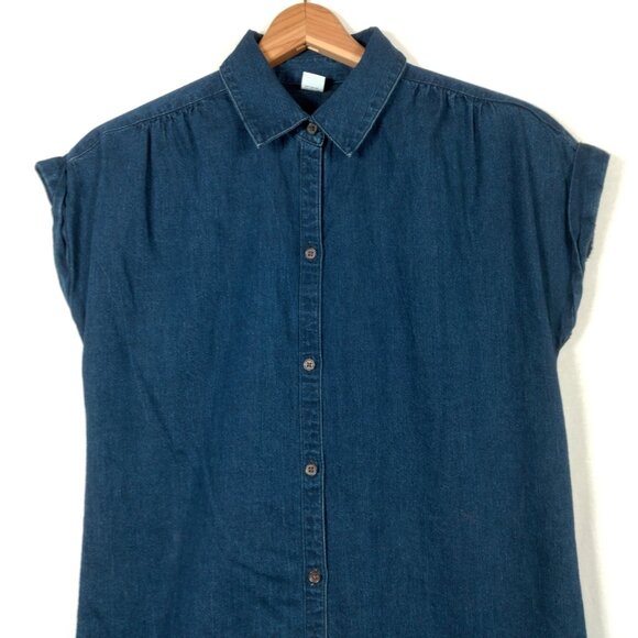 Old Navy Chambray Dress XS Dark Wash Blue Denim Button Up Short Sleeve - Picture 3 of 9